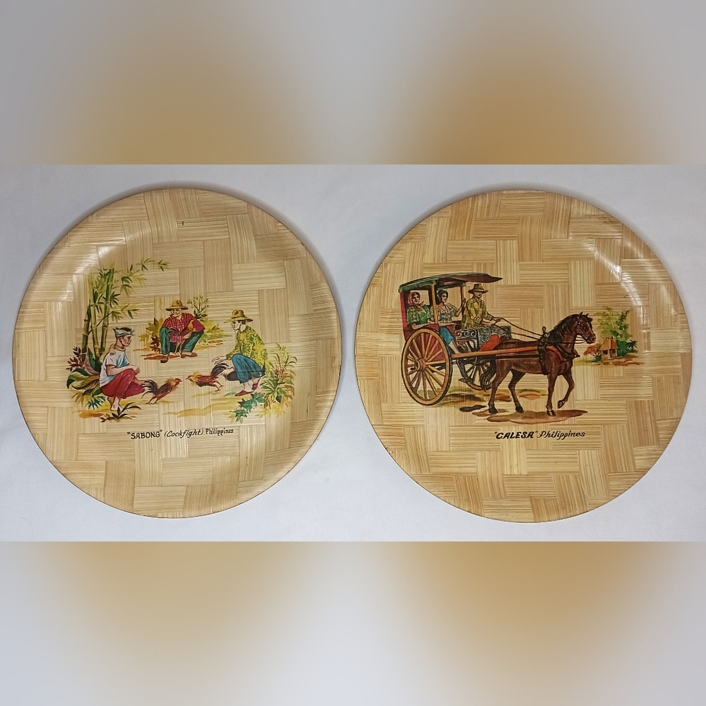 Vintage Philippines Bamboo Plates Lot Of 2